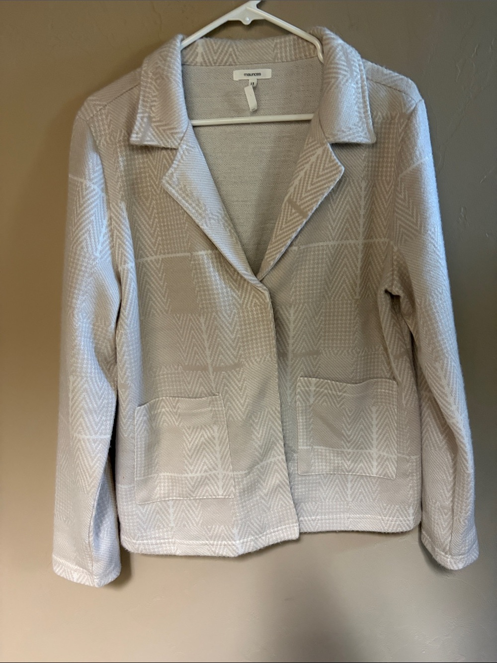 Maurices Light Cream Geometric Knit Open Blazer